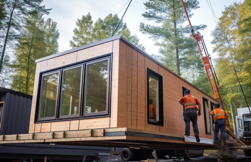 Modulares Tiny Haus Modul aus Holz wird angeliefert und mit Krank aufgestellt.